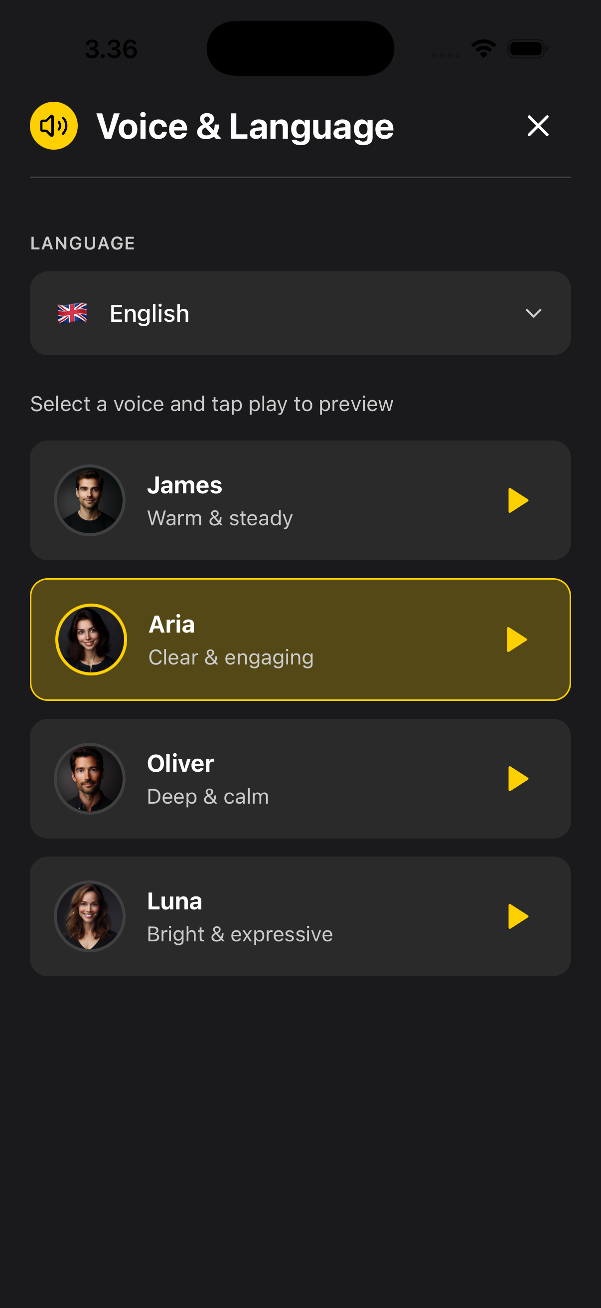 StoryPilot voice and language selector